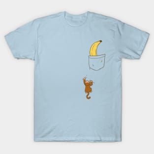 Cute monkey climbing up to banana in pocket design T-Shirt